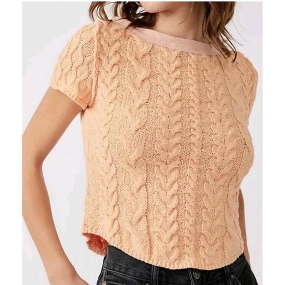 Free People Sweaters - Free People Baby Cable Knit Peach Bohemian Knit Crew Neck Cotton Blend Sz Medium